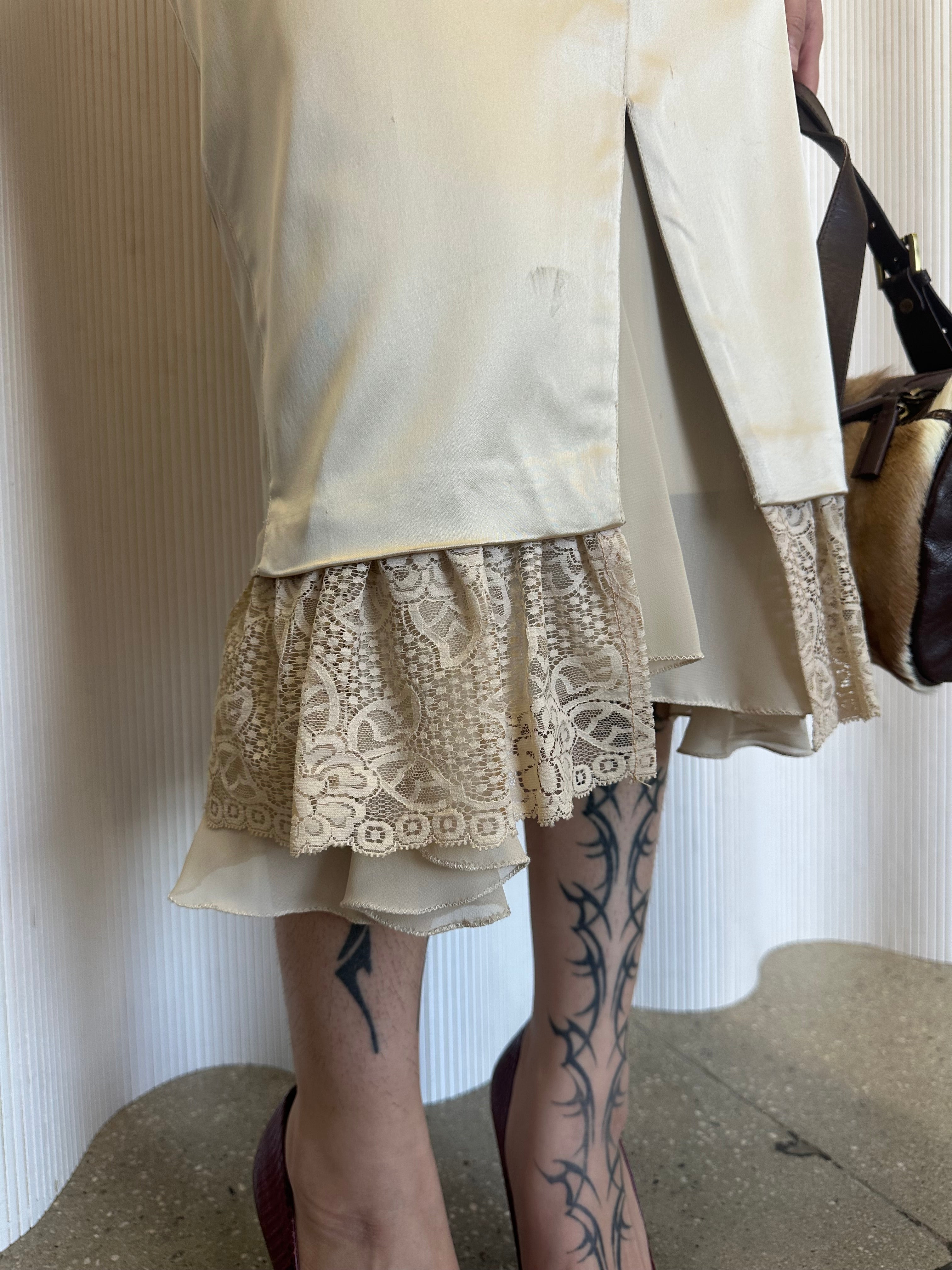 satin midi skirt with lace ruffle made in italy
