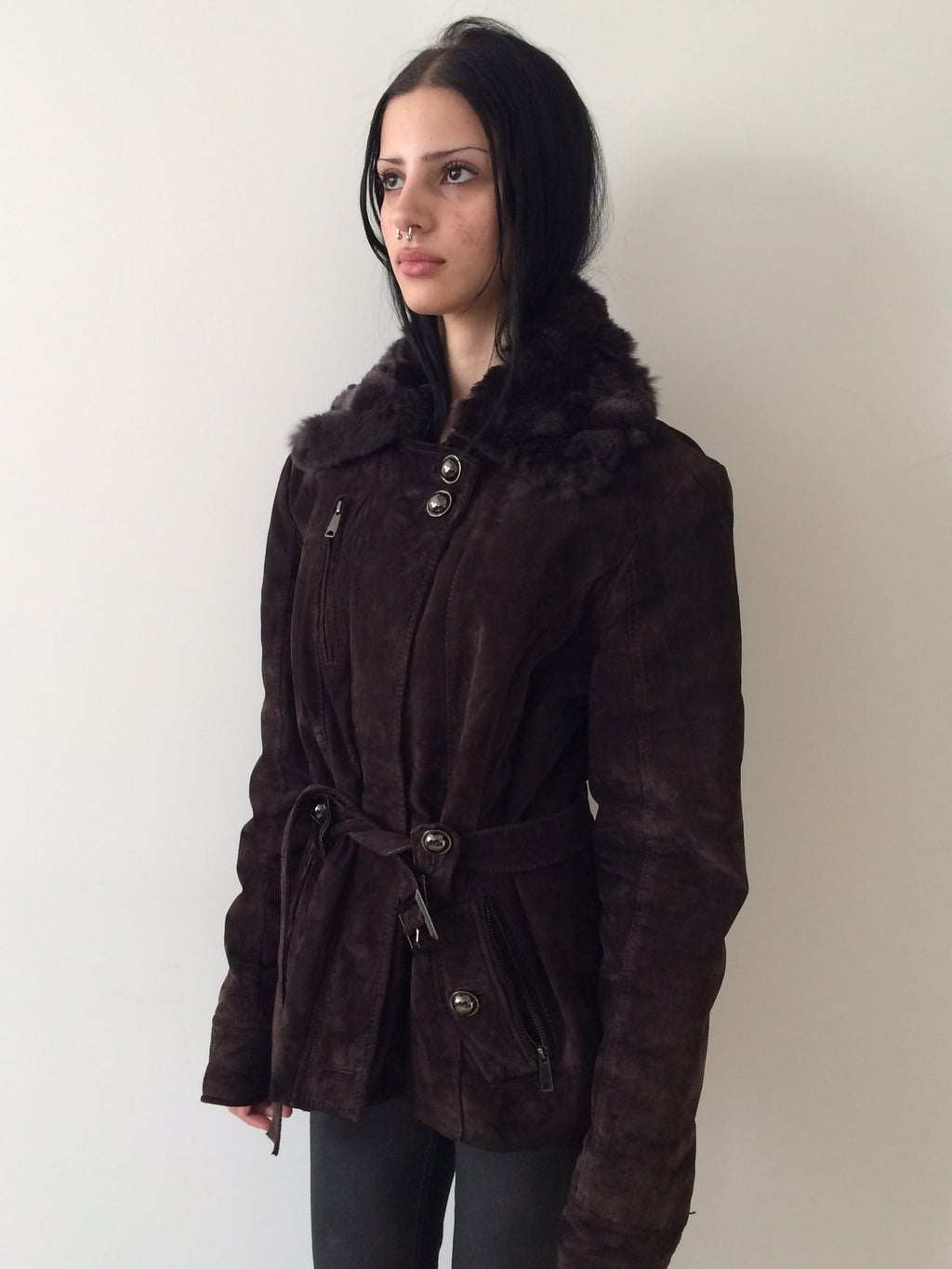 suede jacket with rabbit fur collar size m/l