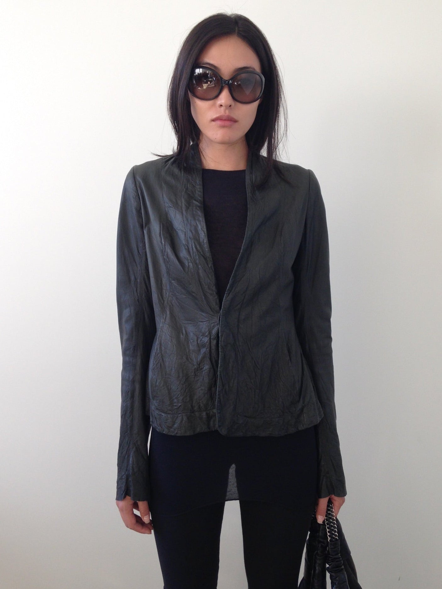 rick owens dark forest green leather blazer