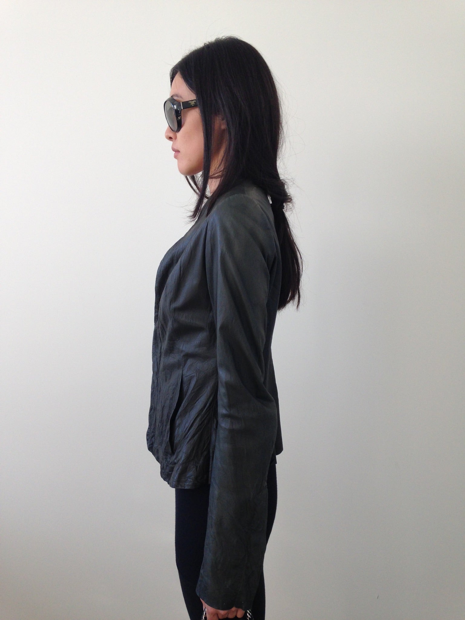 rick owens dark forest green leather blazer