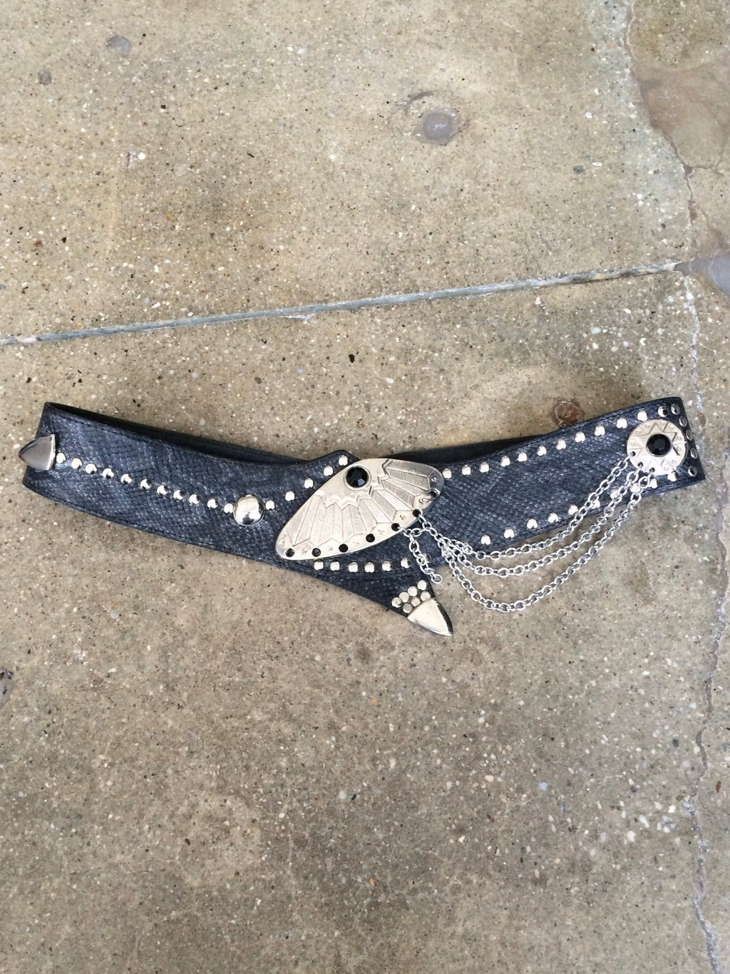 vintage snakeskin leather belt with chain embellishment