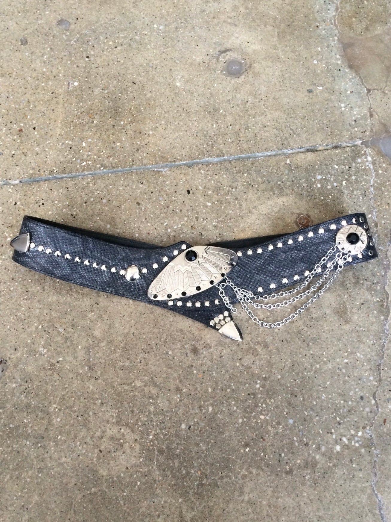 vintage snakeskin leather belt with chain embellishment