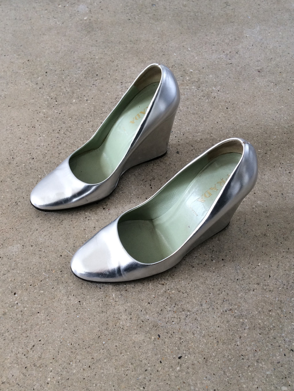 vintage prada chrome wedges 35