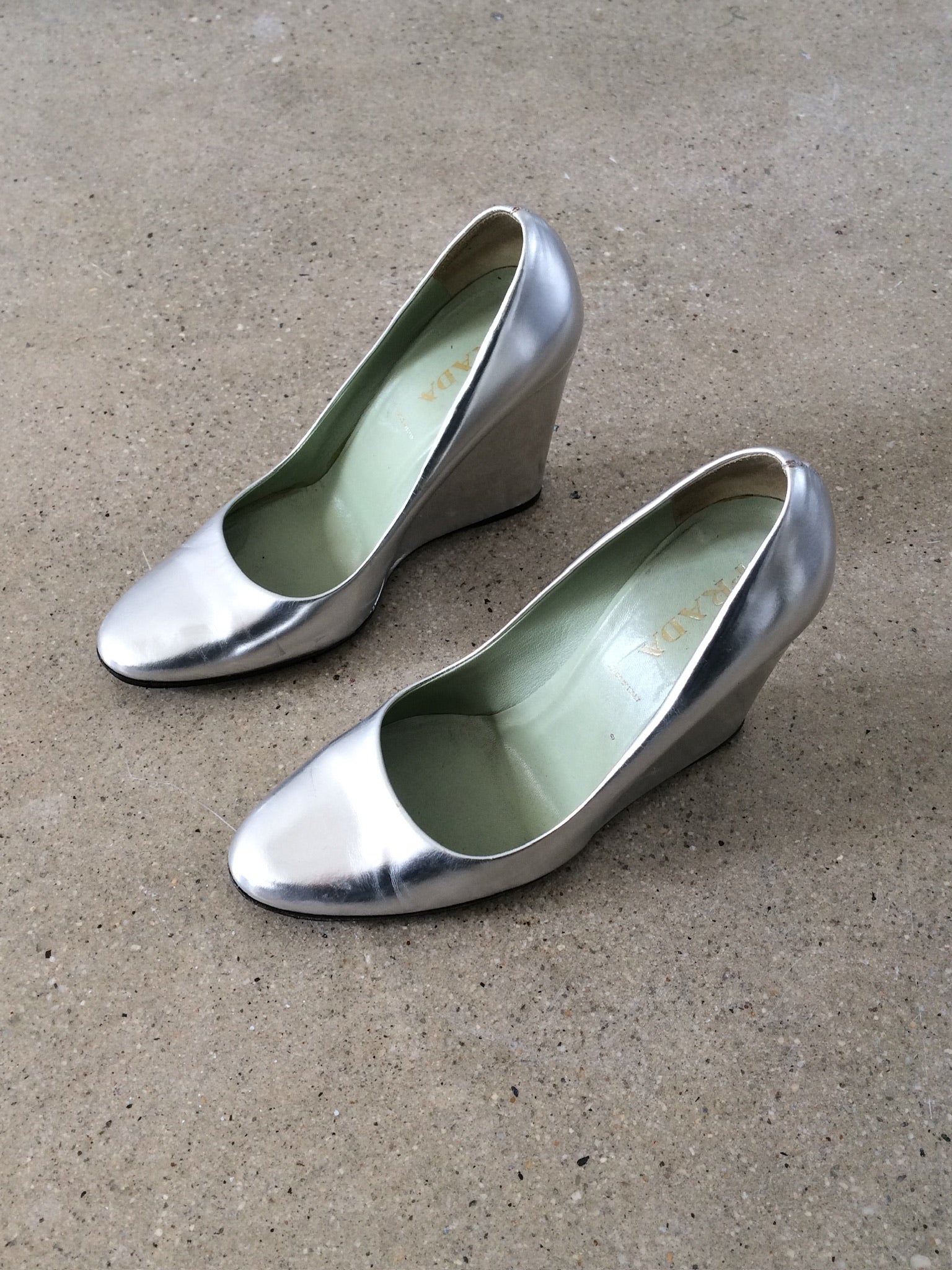 vintage prada chrome wedges 35